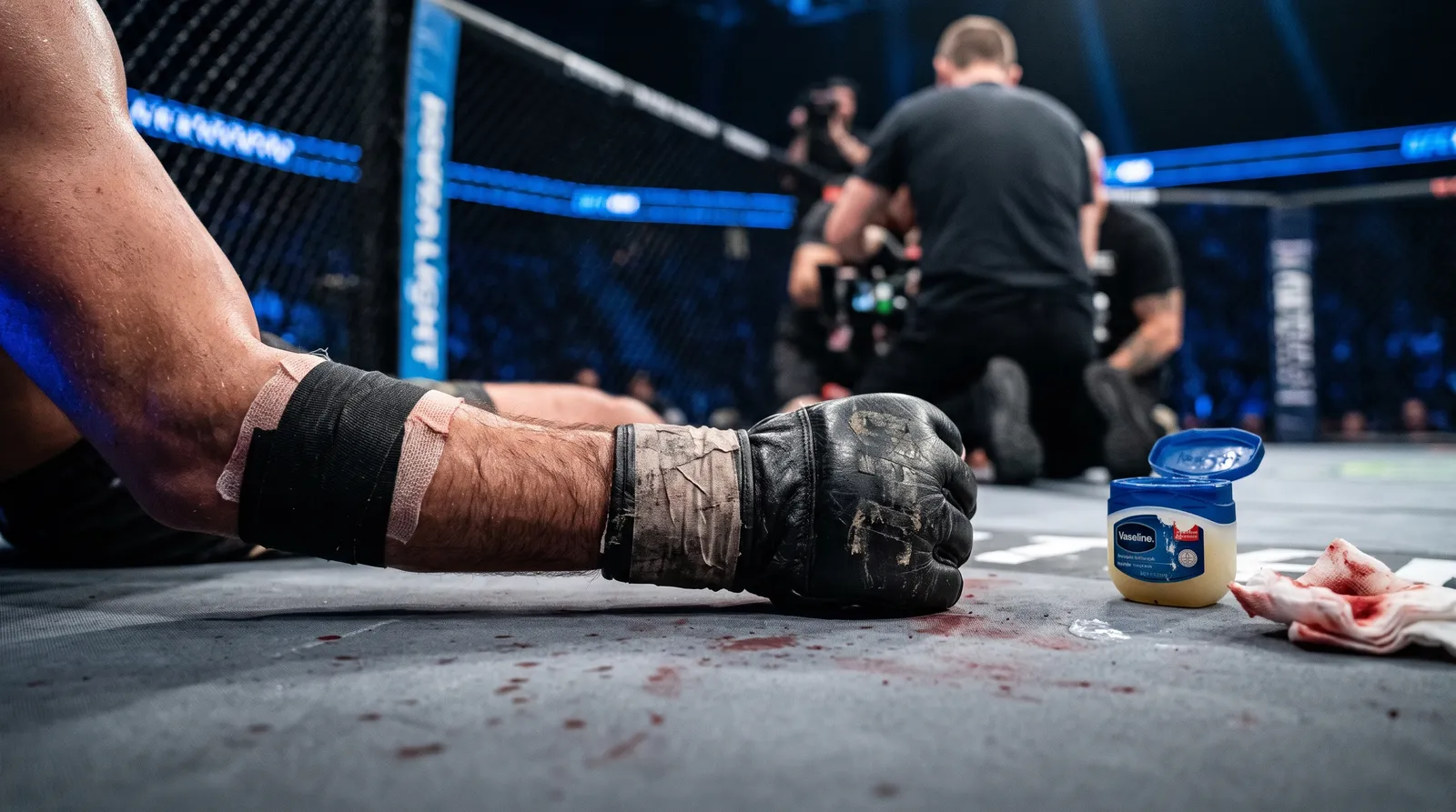 A gloved fist rests on a bloodstained octagon canvas beside a cutman's gauze
