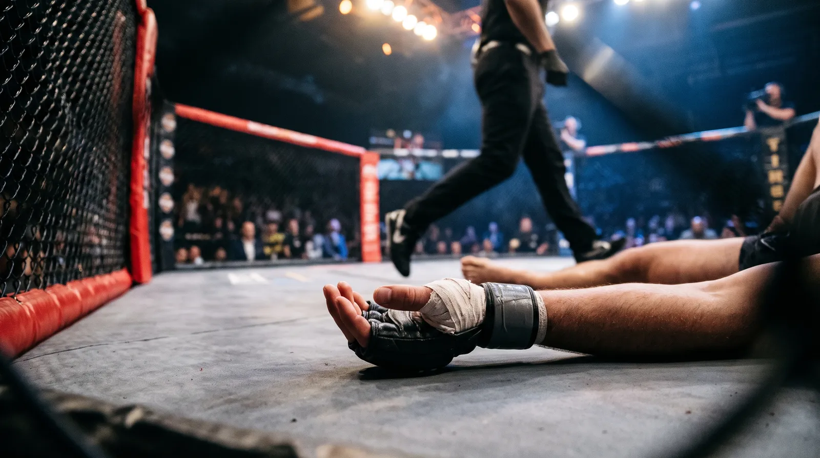 A fighter's gloved hand on the octagon canvas as a referee steps in to stop a fight