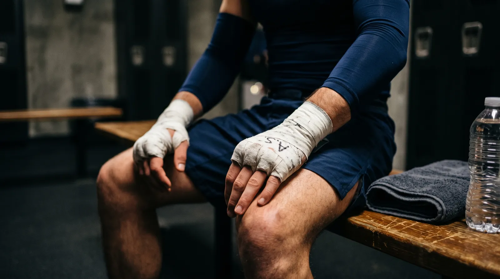 A fighter's taped hands resting on his knees in a dim locker room before a fight