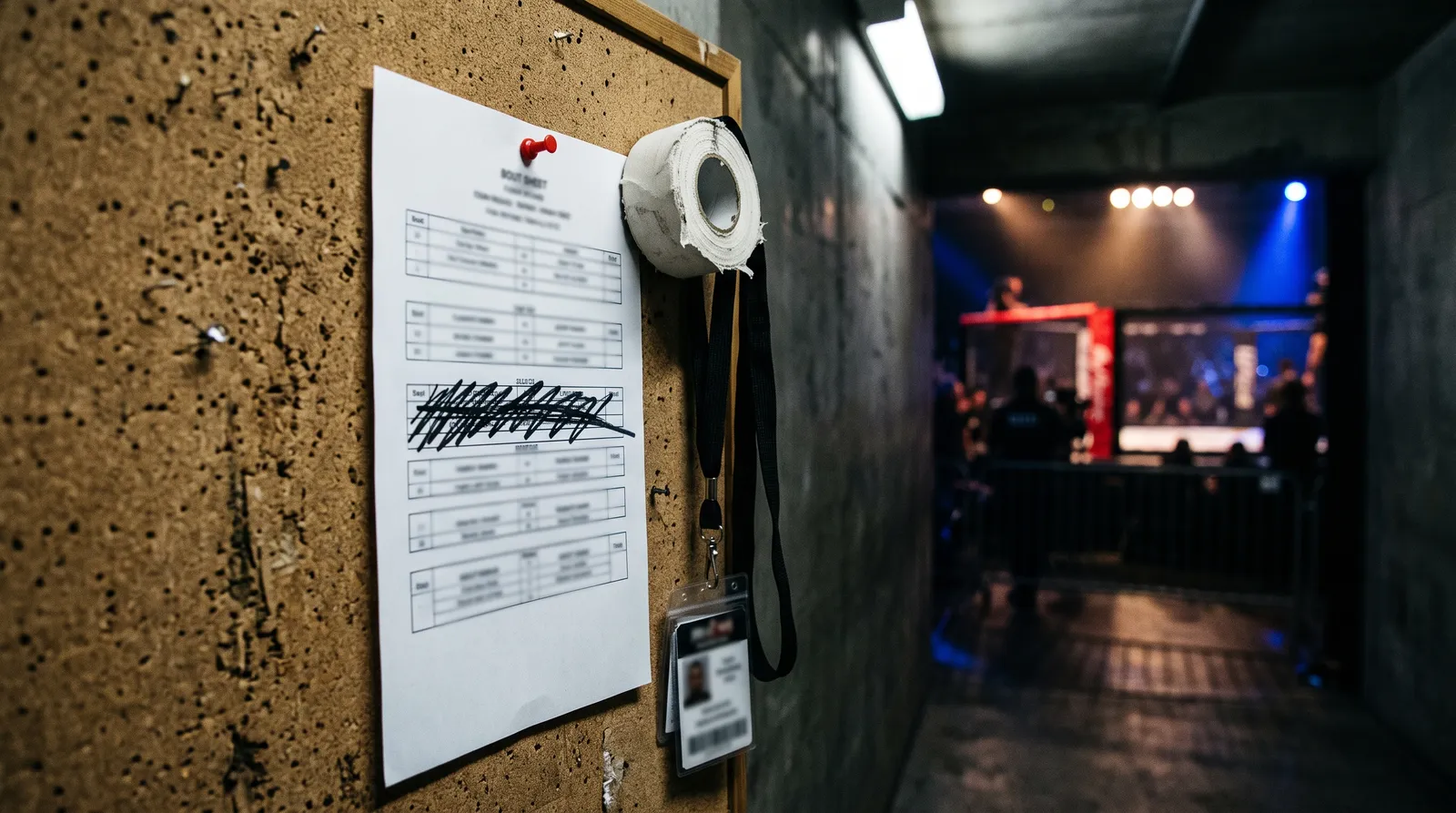 A fight card bout sheet pinned to a board with one bout crossed out in marker