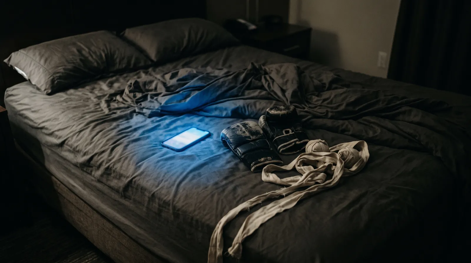 A glowing phone on a hotel bed next to used fight gloves and hand wraps in a dark room