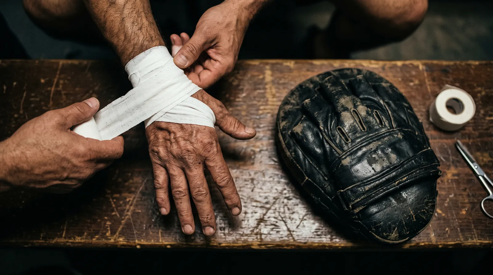 Hands being taped in a locker room next to a pair of coaching focus mitts