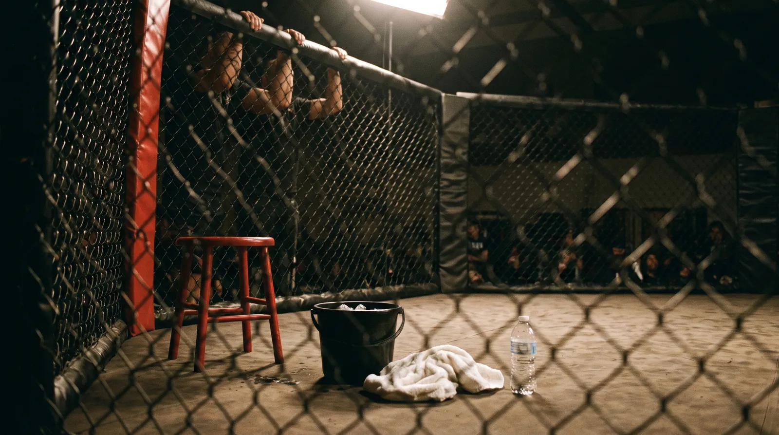 An empty corner stool, bucket and towel inside a cage under harsh overhead lights