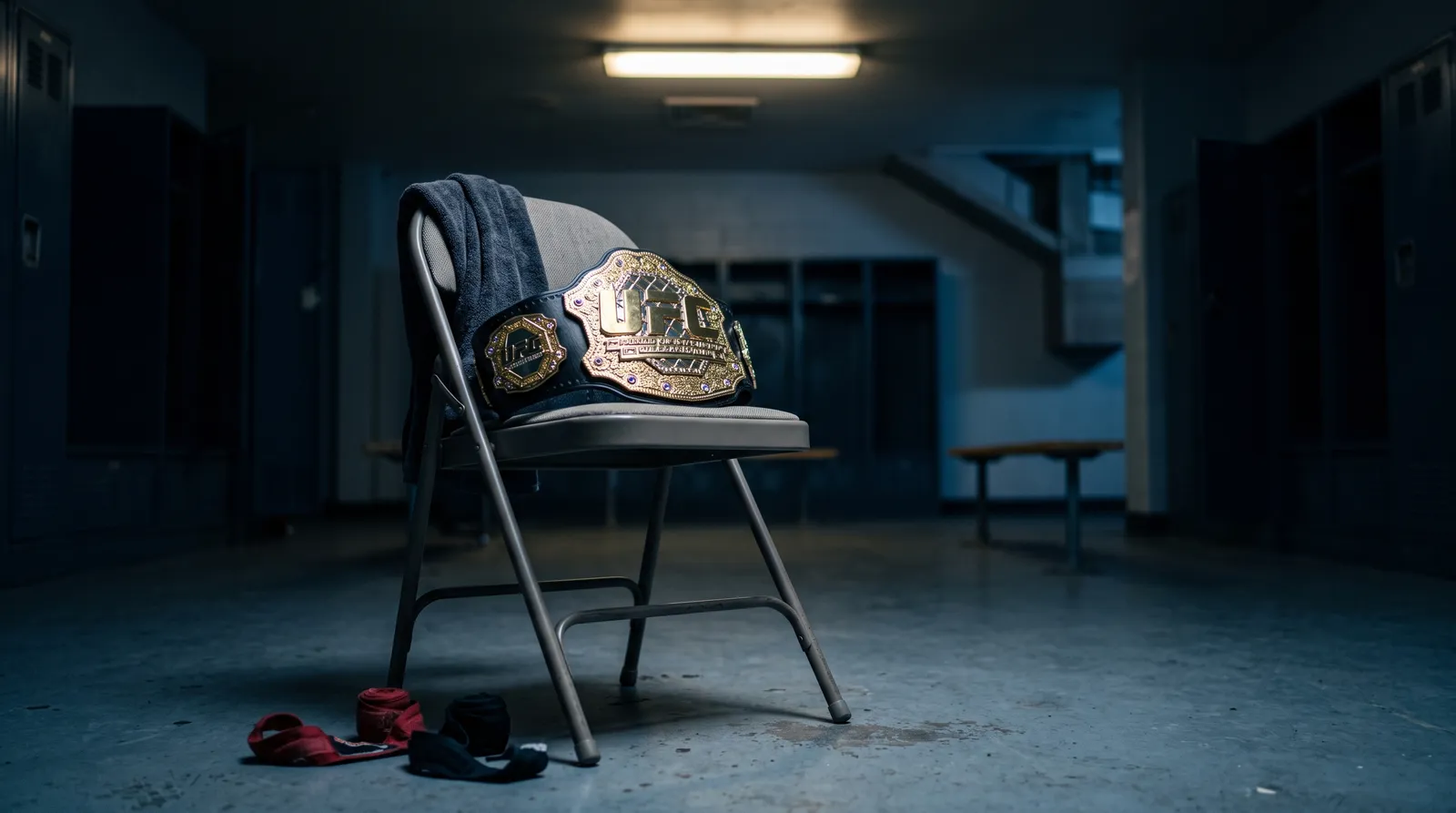 A championship belt resting on a folding chair in a dim locker room beside discarded hand wraps