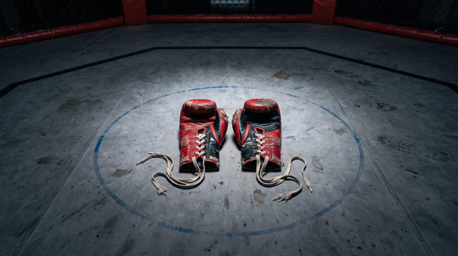 Two pairs of worn MMA gloves resting side by side on an empty octagon canvas under a single spotlight