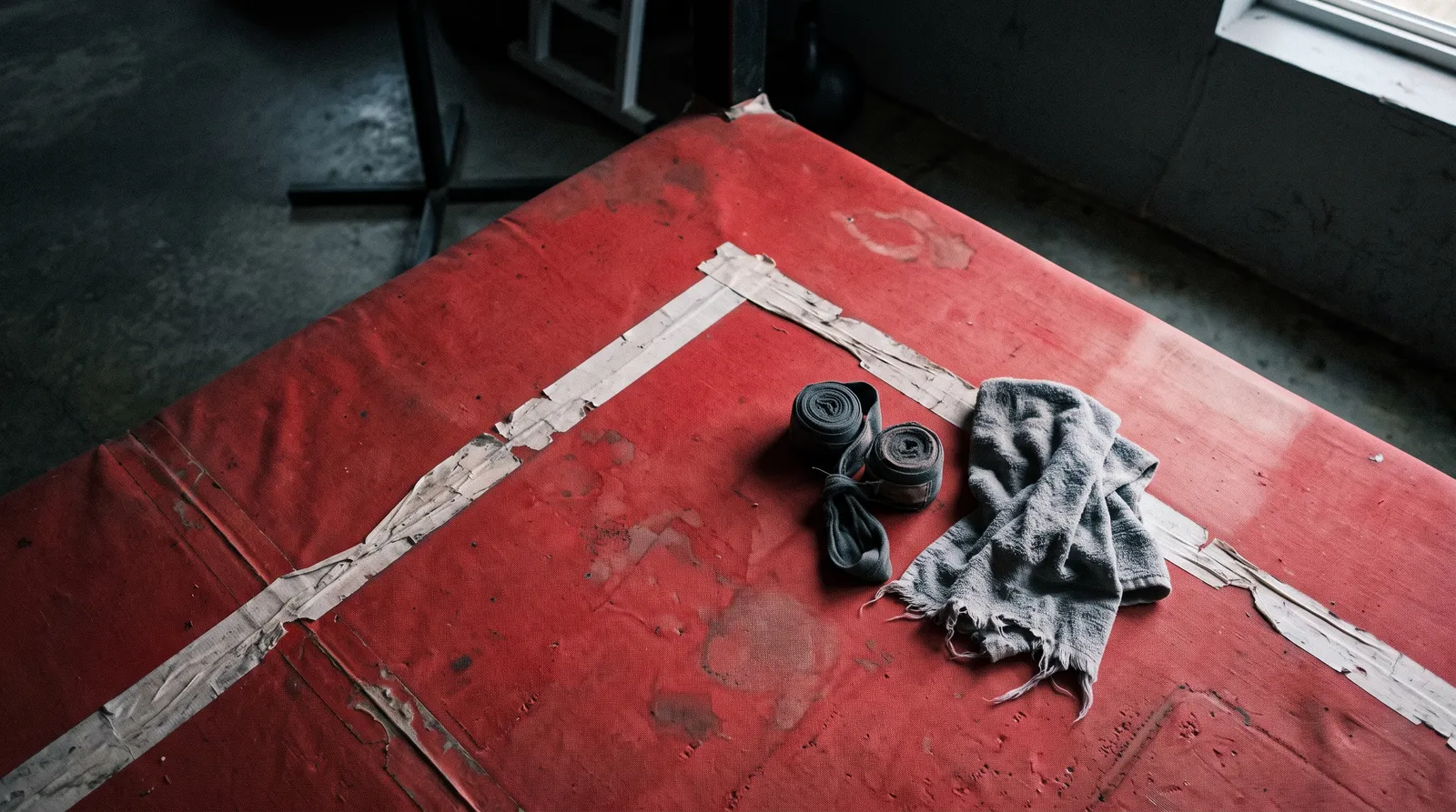 Worn wrestling mat corner with hand wraps and a towel in early morning light