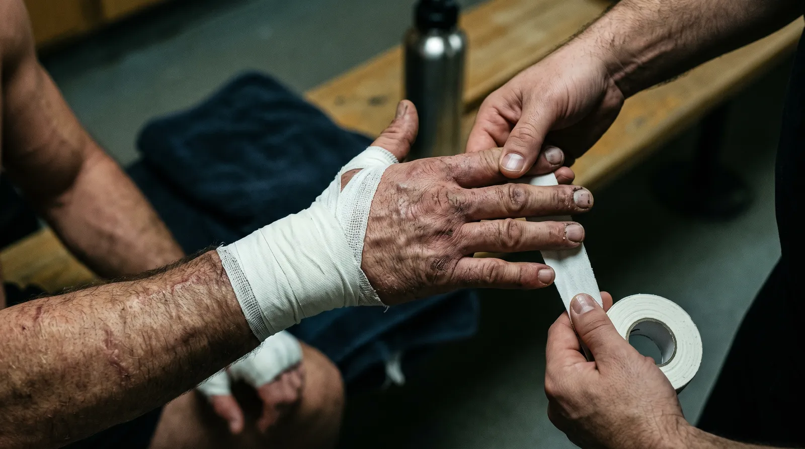 A cornerman wraps a fighter's scarred hands in white tape in a dim locker room