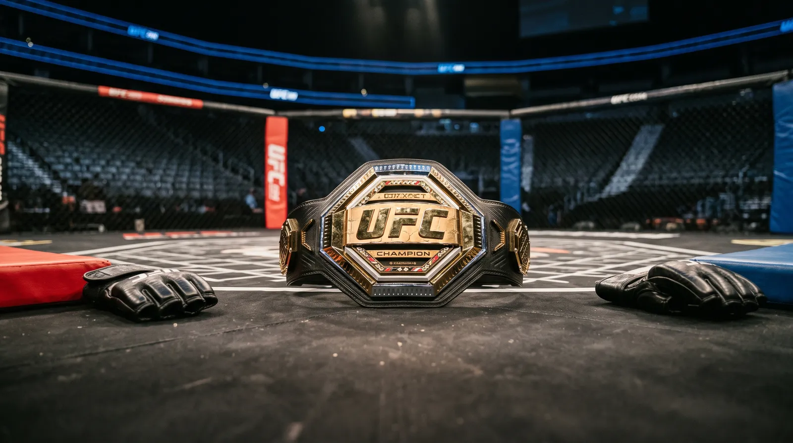 A championship belt on the canvas of an empty octagon between two pairs of fight gloves