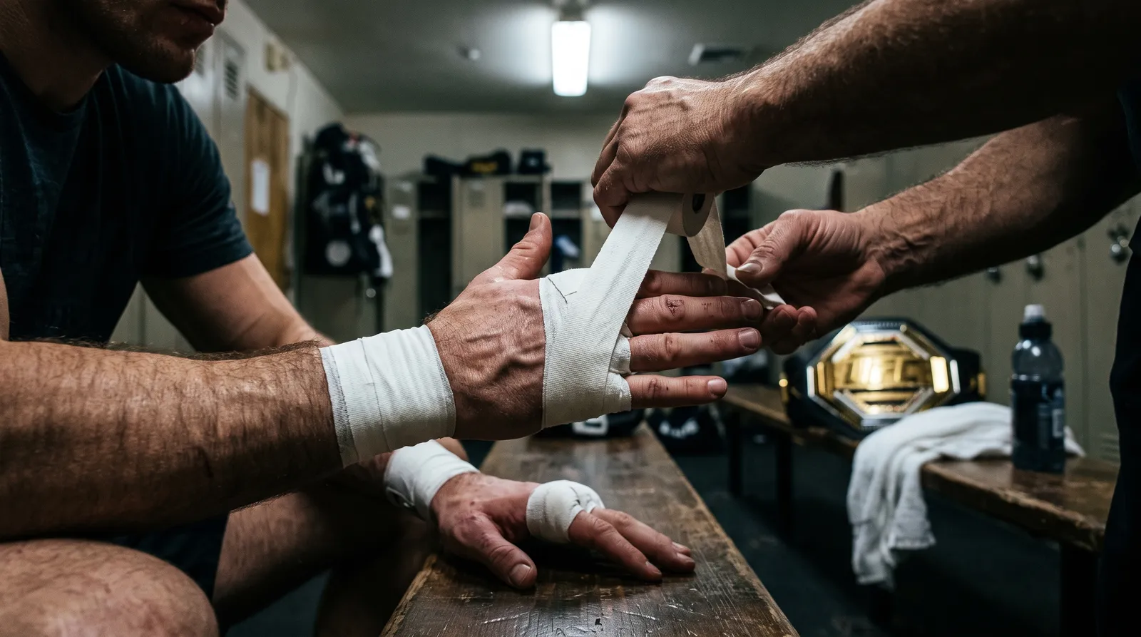 A fighter's hands being taped in a locker room with a championship belt on a bench behind