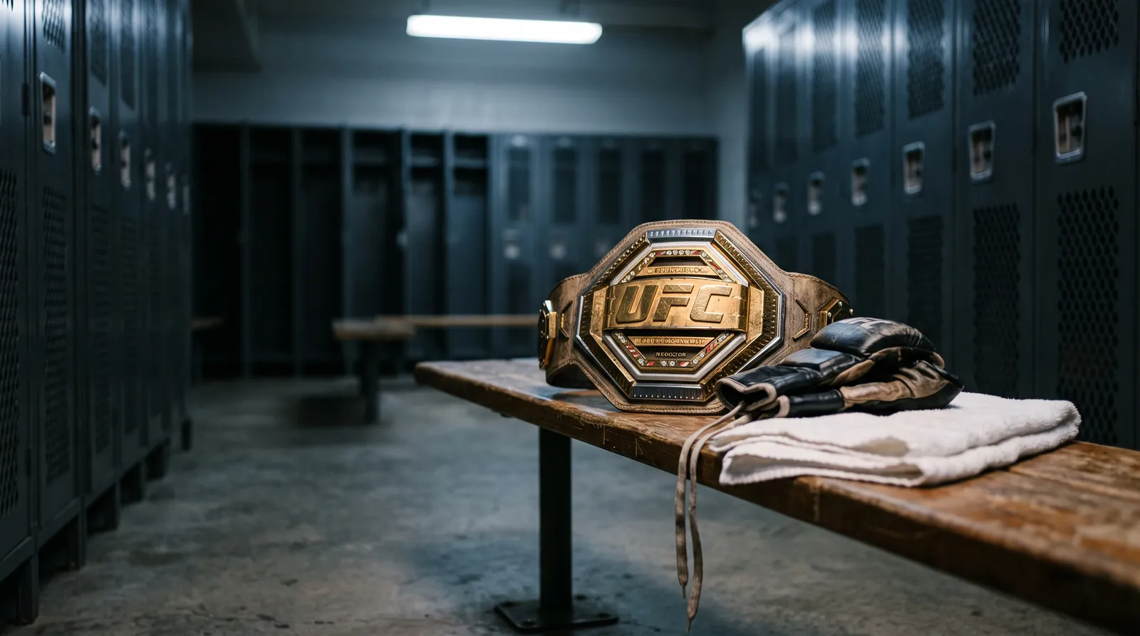 A championship belt and worn fight gloves resting on an empty locker room bench