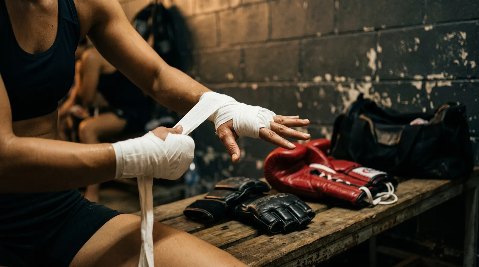 A fighter's hands being taped beside a pair of MMA gloves and Muay Thai gloves in a locker room