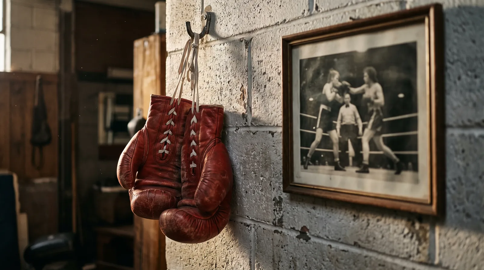 Worn red boxing gloves hanging on a gym wall beside a framed vintage photo of a women's bout