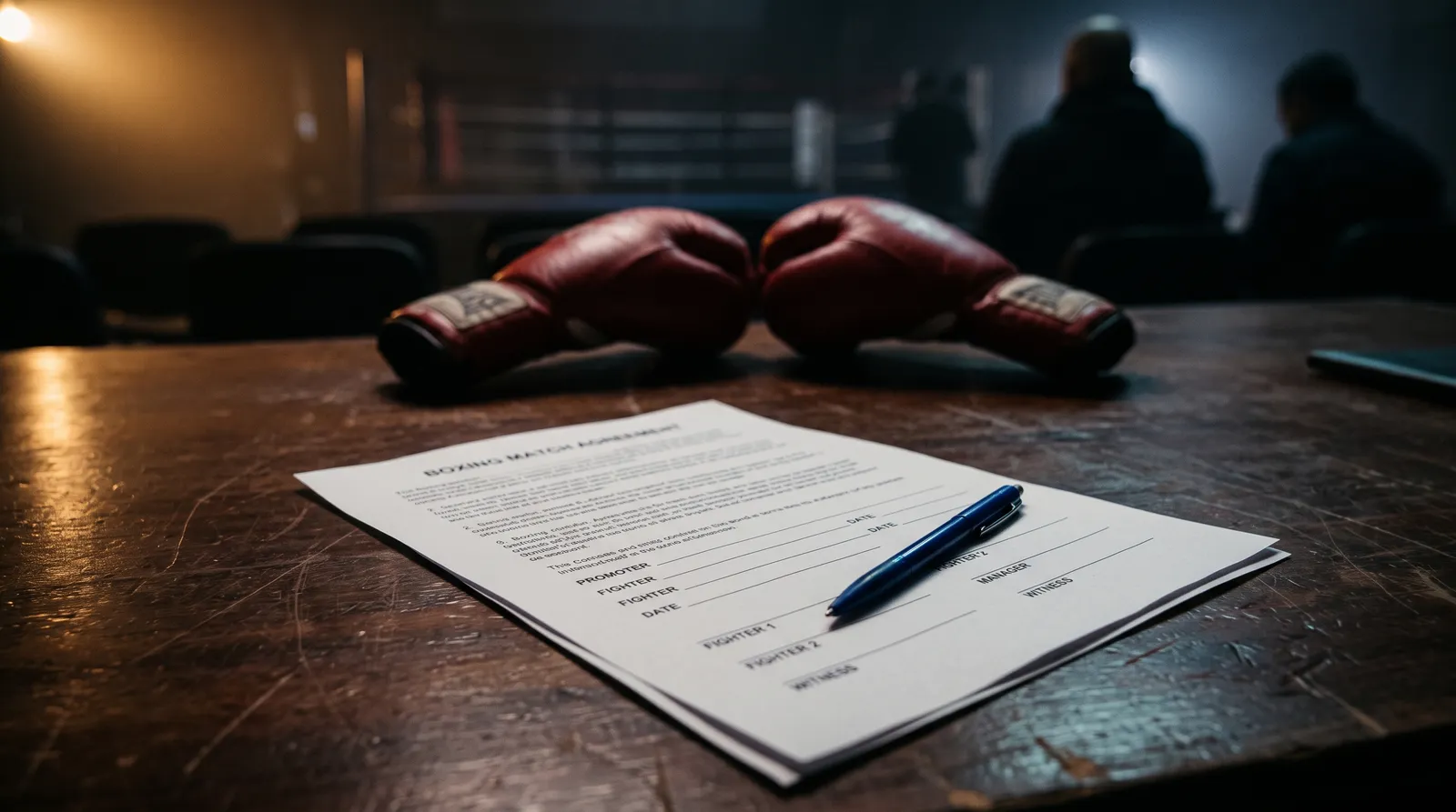 A boxing contract and pen on a press table with gloves blurred behind it