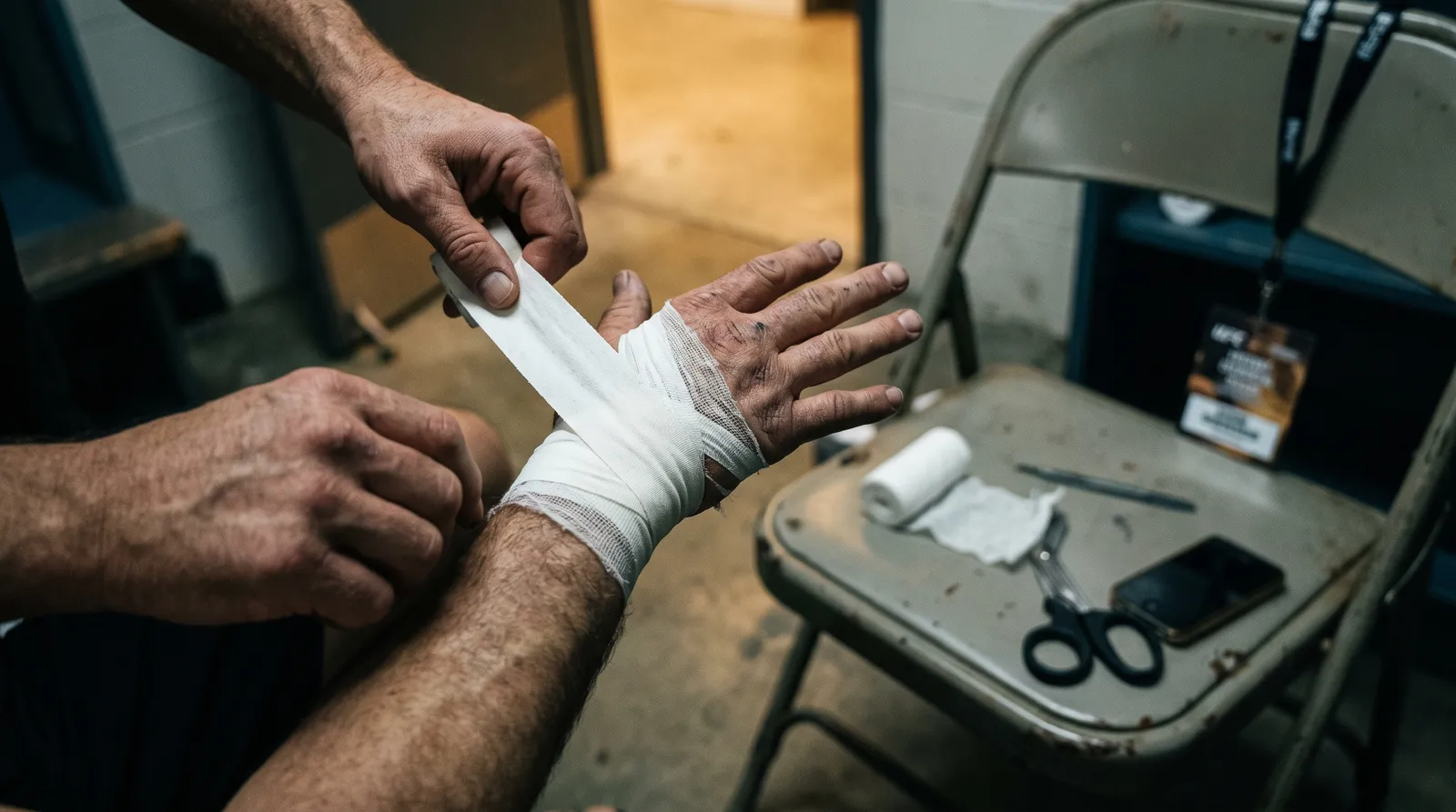 A cornerman wraps a fighter's hands with white tape in a locker room before a fight