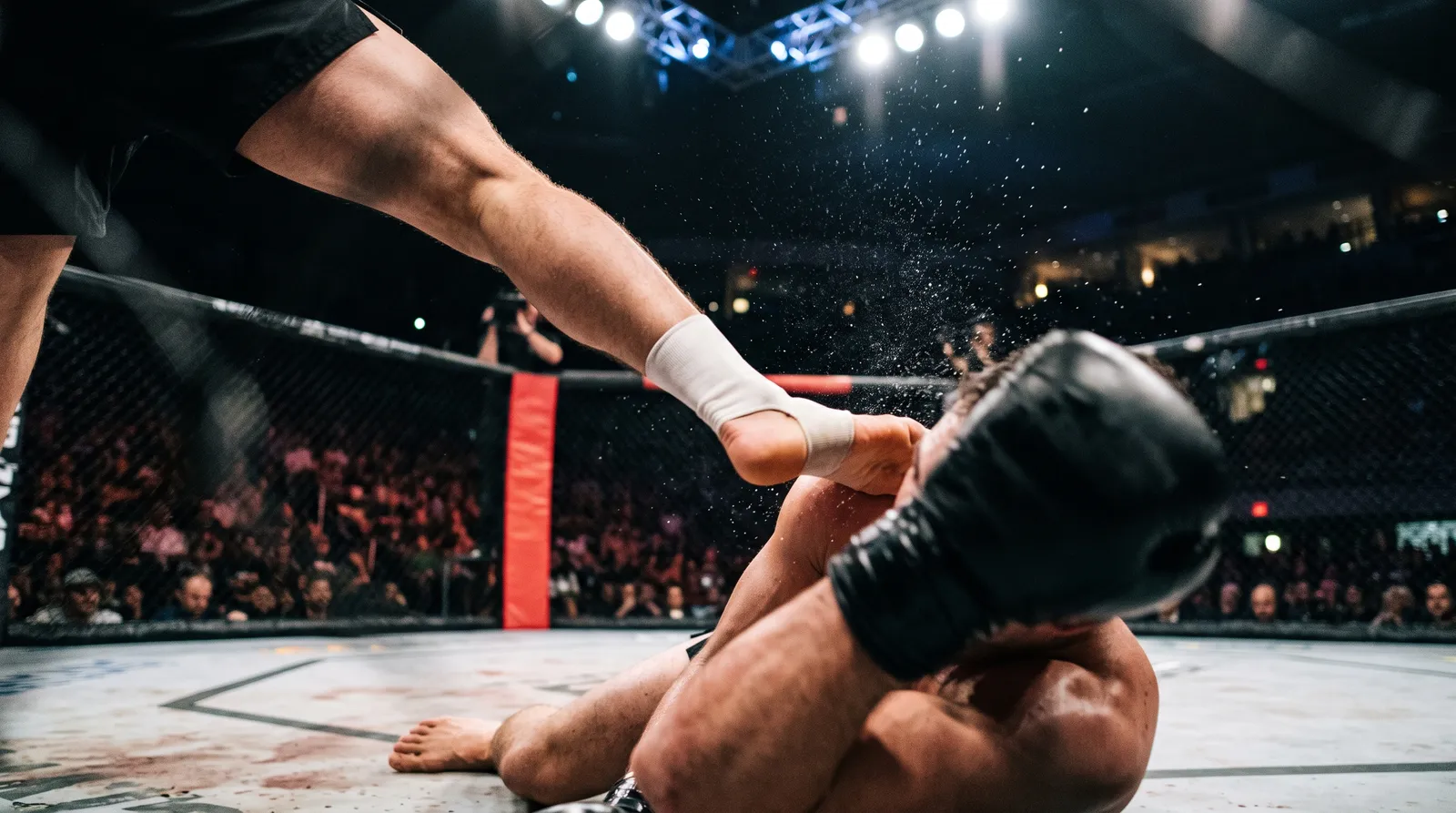A fighter's shin connects high in a cropped mid-kick shot inside the octagon, sweat spraying under arena lights