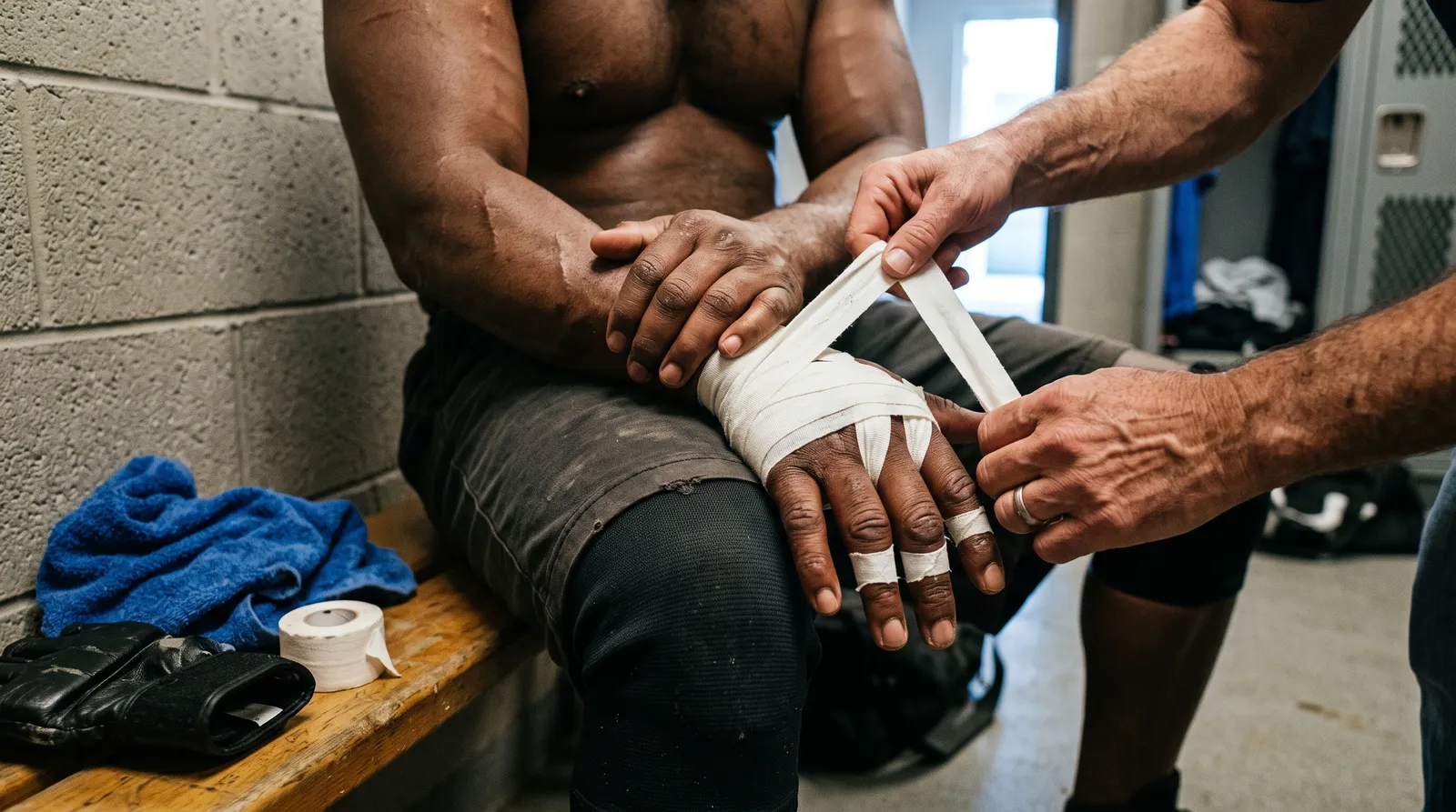 A cornerman wraps a heavyweight fighter's hands in tape in a dim locker room before a fight