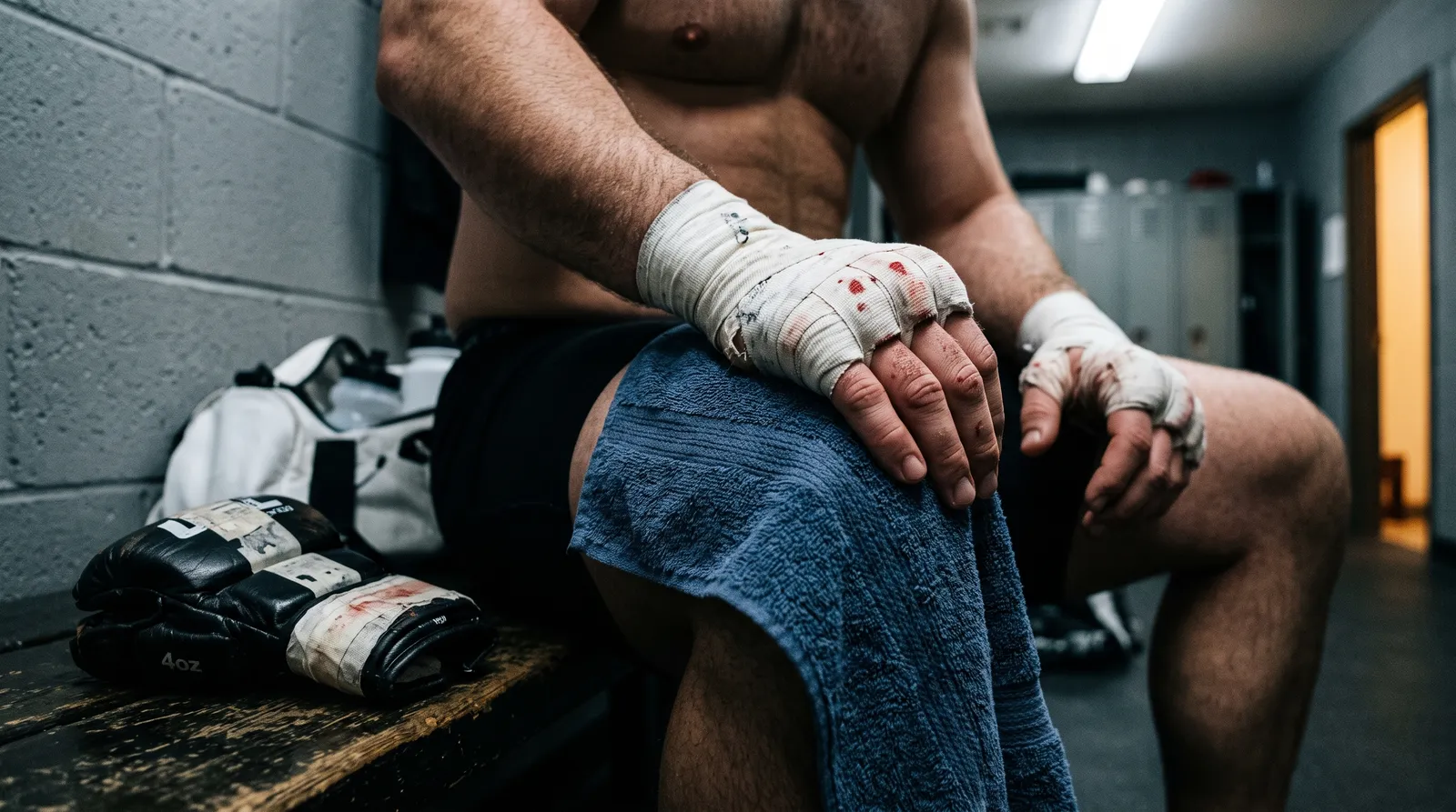 A heavyweight fighter's taped hands resting on his knee in a locker room after a fight