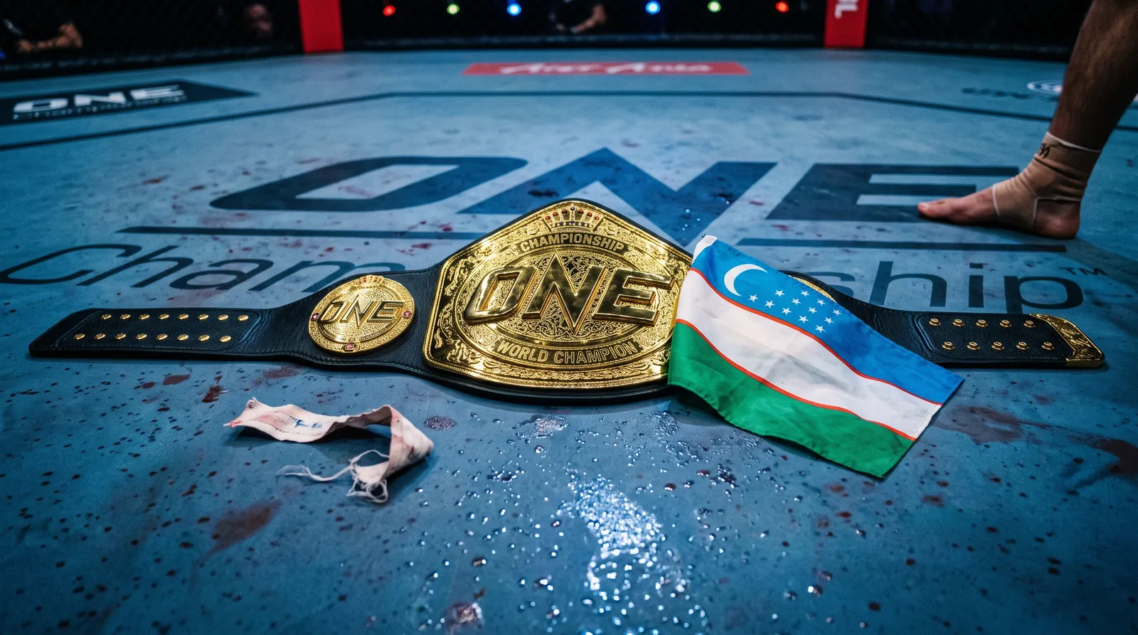 A championship belt and Uzbekistan flag resting on a fight canvas under arena lights