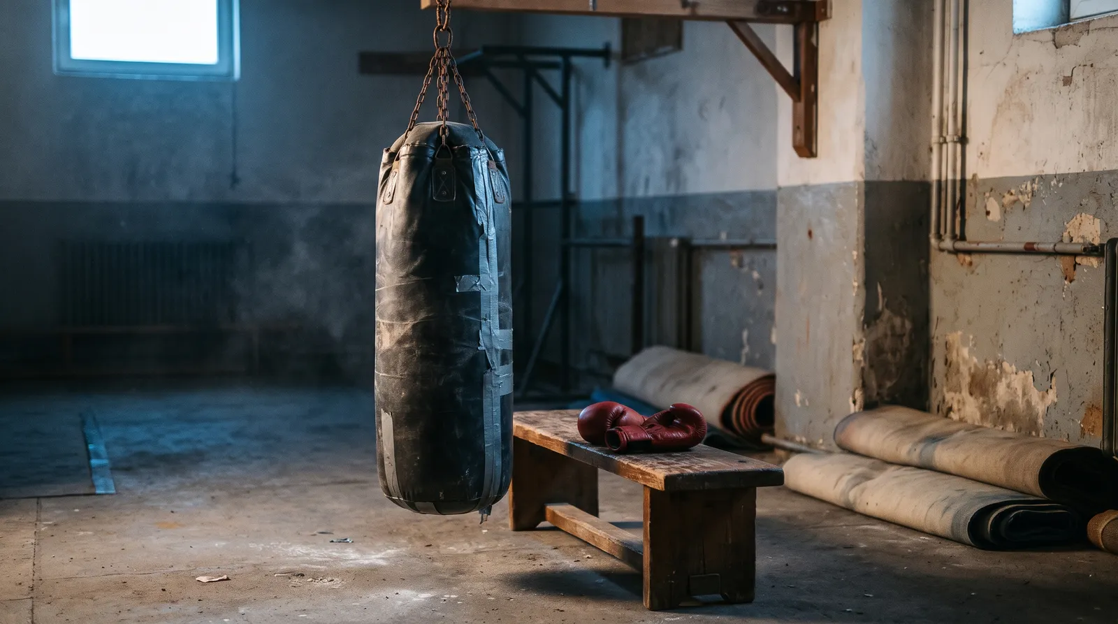 A worn heavy bag and a pair of gloves in an empty gym at dawn