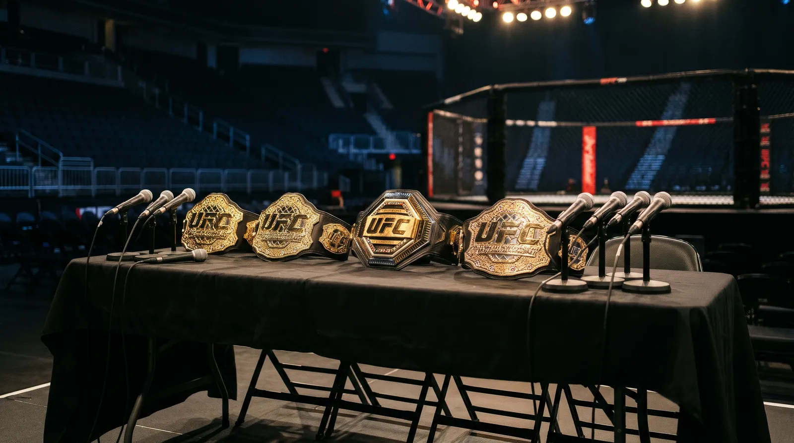 Five championship belts lined up on a press conference table beside microphones