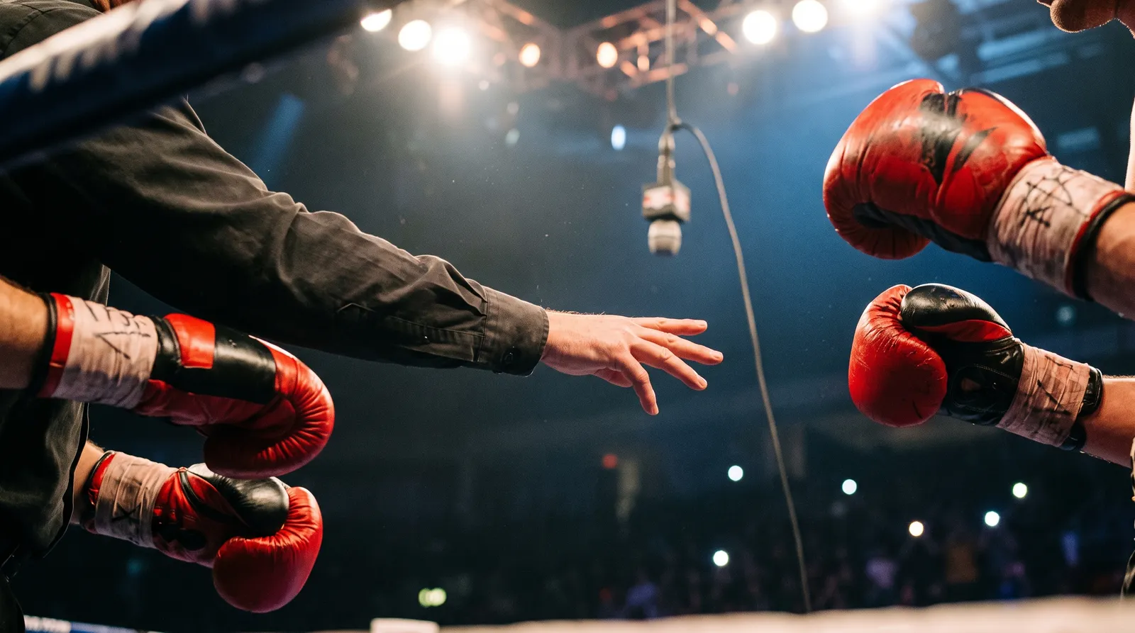 Referee's arm between two boxers' gloves in a dimly lit ring after a stoppage