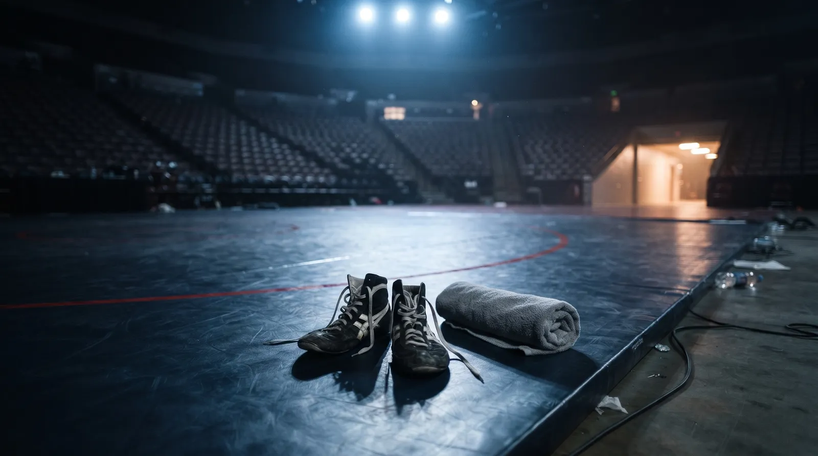 Wrestling shoes and a towel resting on an empty mat under arena lights
