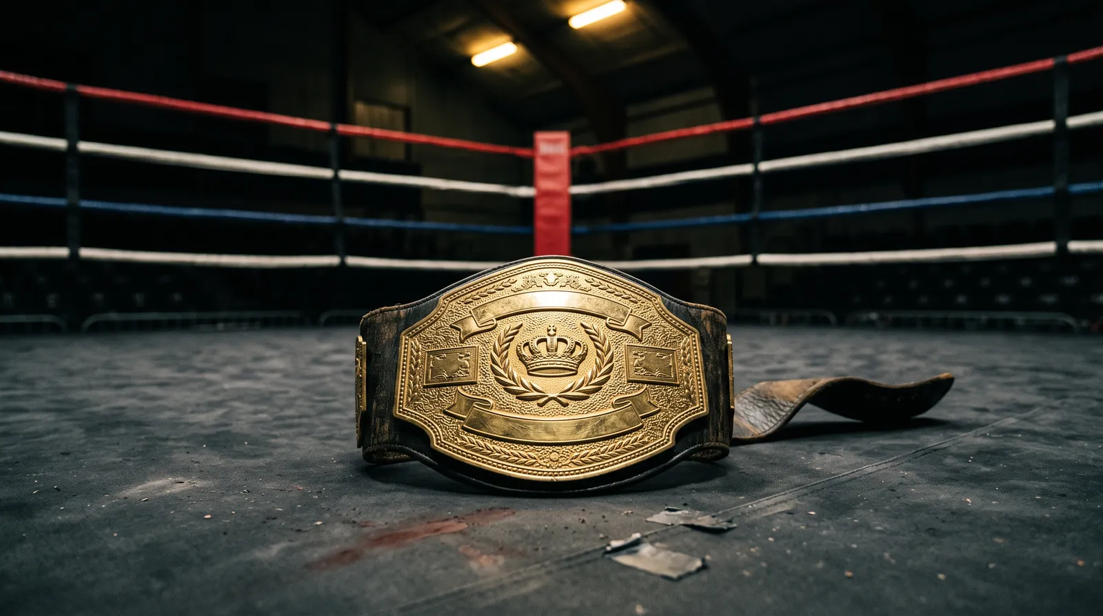 A championship belt lying alone on the canvas of an empty ring under work lights