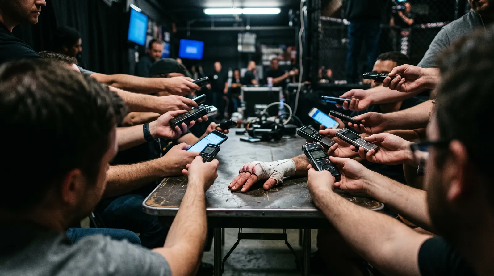 Reporters hold phones and recorders toward a fighter's taped hand resting on a table after a fight