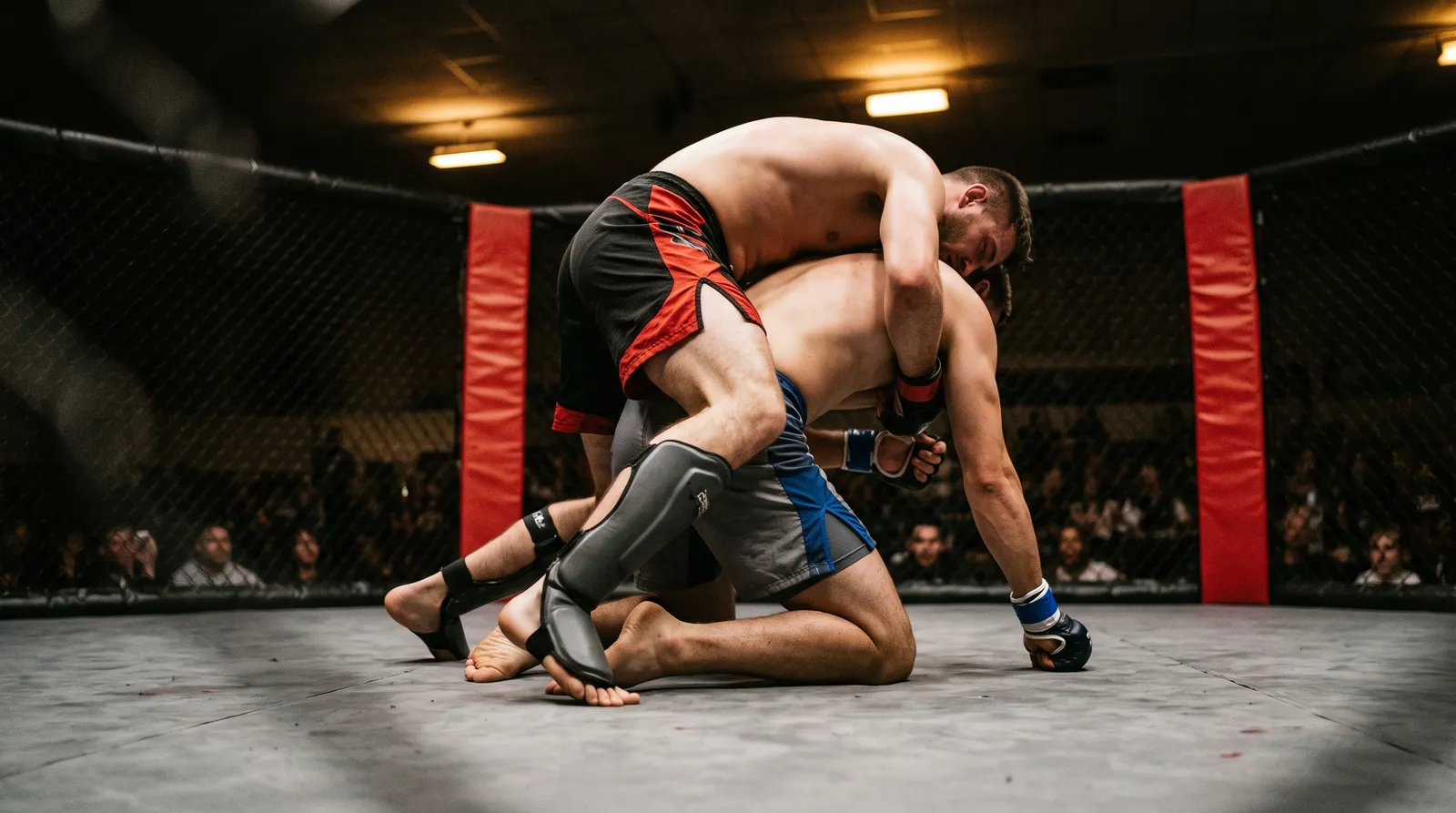A fighter taps out to a jumping guillotine choke on the octagon canvas