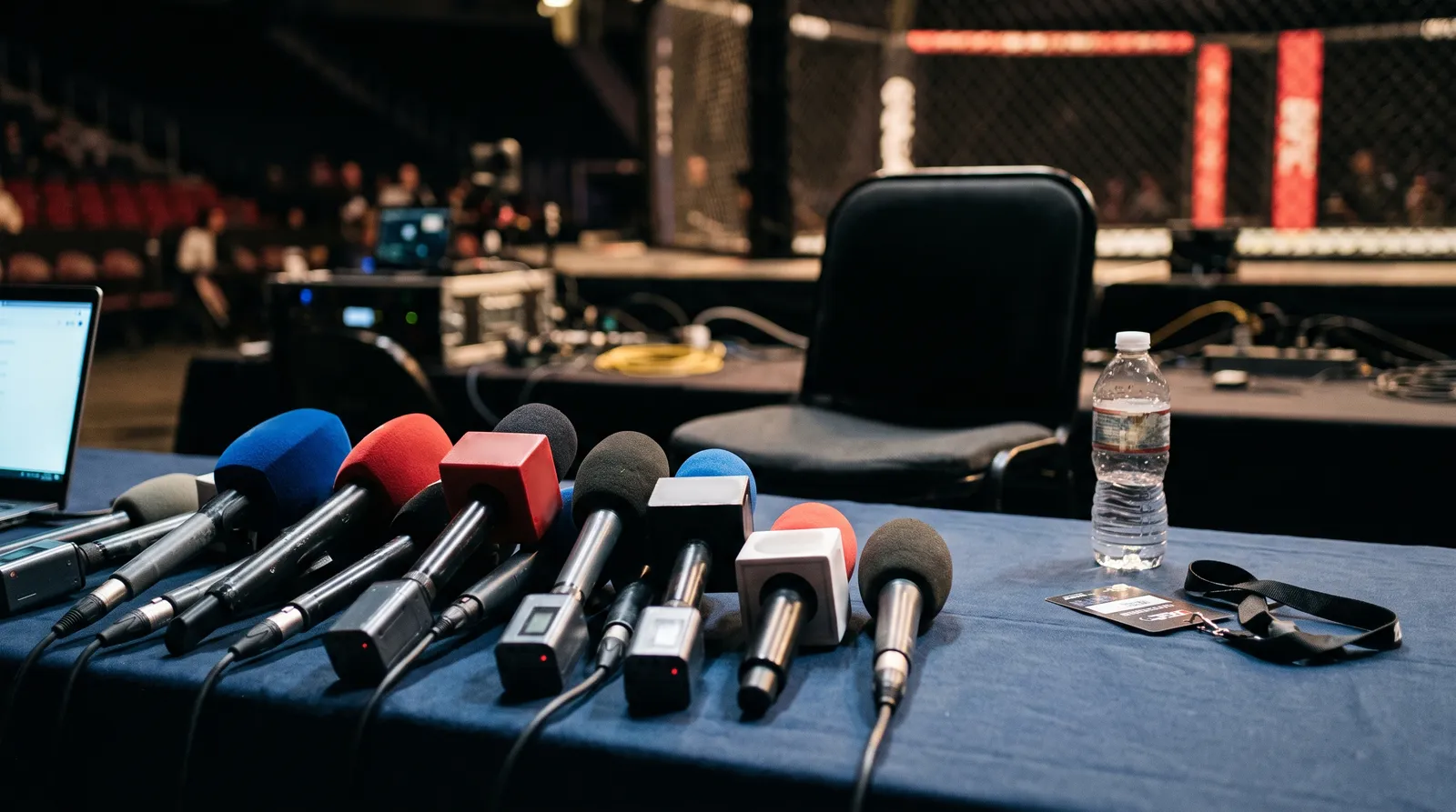 Microphones lined up on a press conference table before fighters arrive