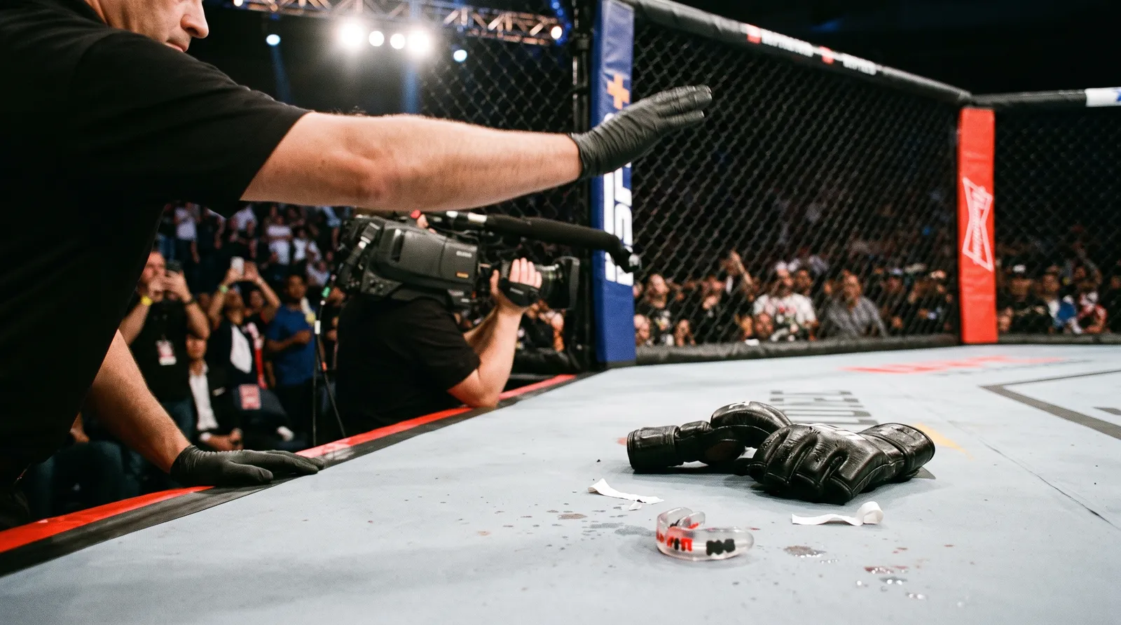 A referee's arm waves off a fight above a mouthguard and gloves on the octagon canvas