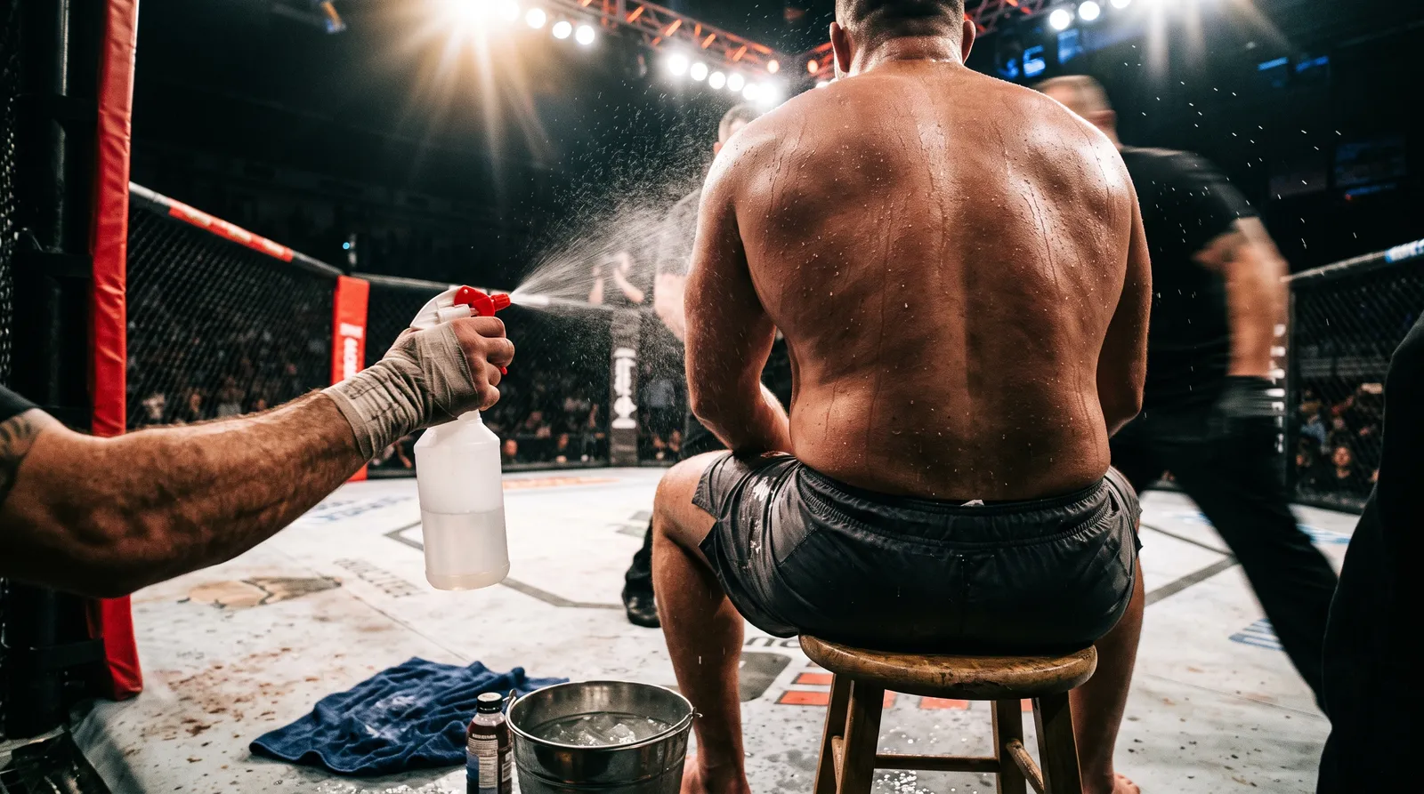 A heavyweight fighter slumped on his corner stool between rounds, sweat-soaked back to the camera