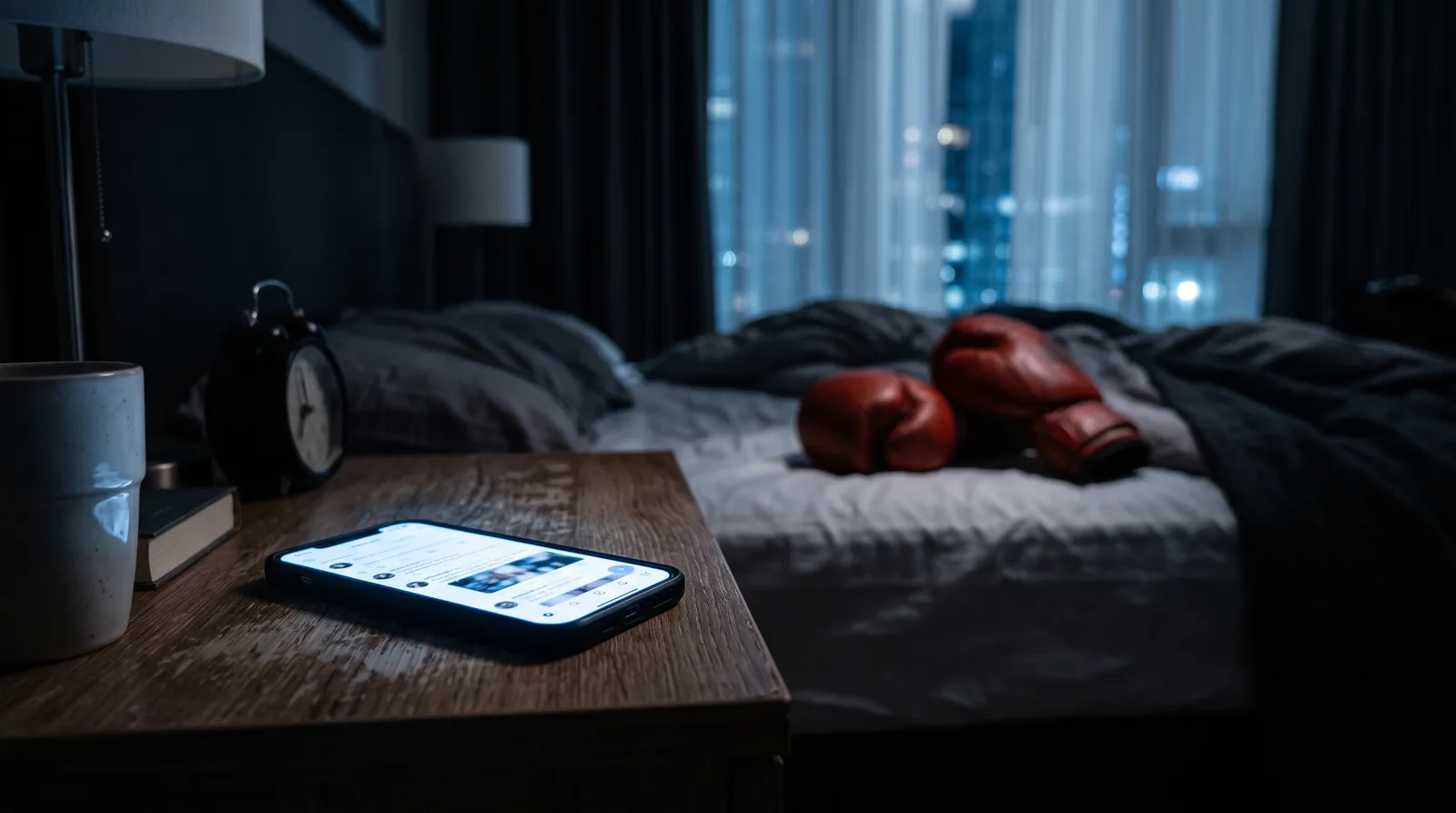 A glowing phone on a dark hotel nightstand with boxing gloves blurred behind it