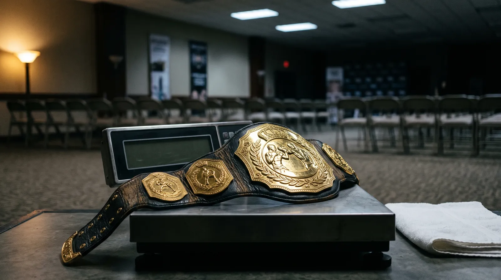 A championship belt resting on a weigh-in scale in an empty ballroom