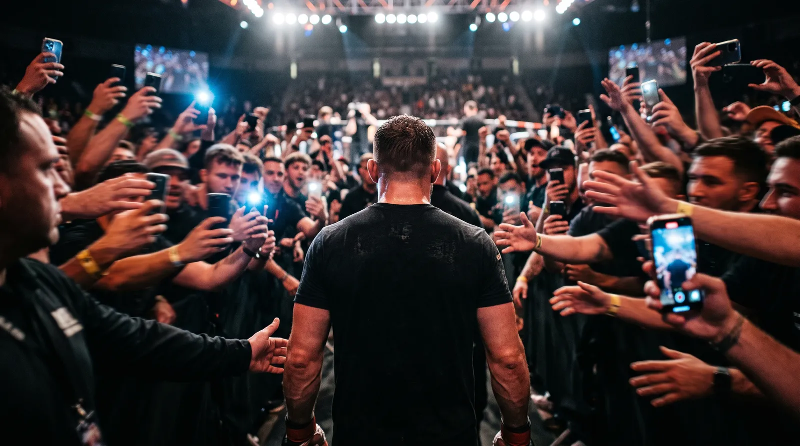 A fighter walks out through a tunnel of fans holding up phones after a win