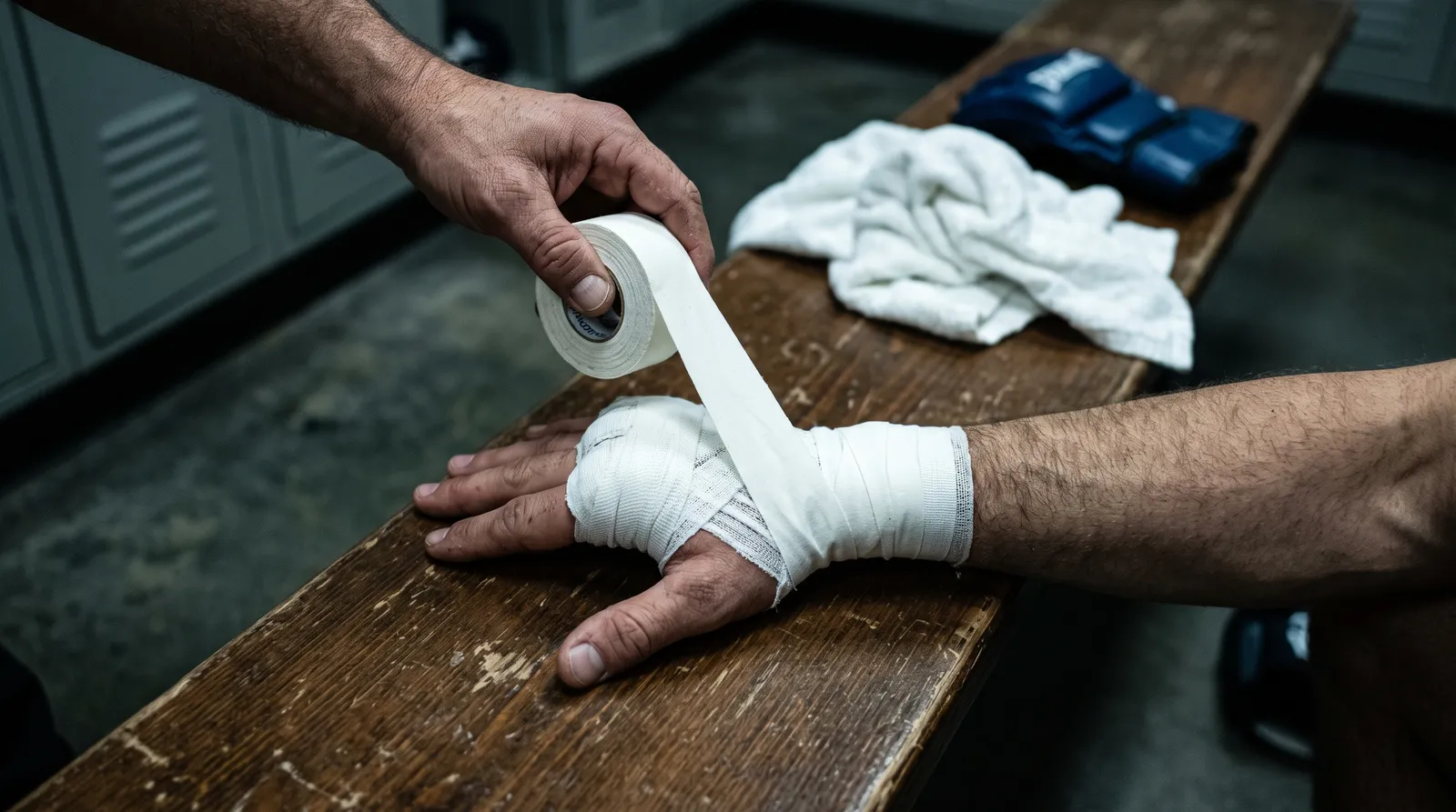 A fighter's hands being taped on a locker room bench before a main event