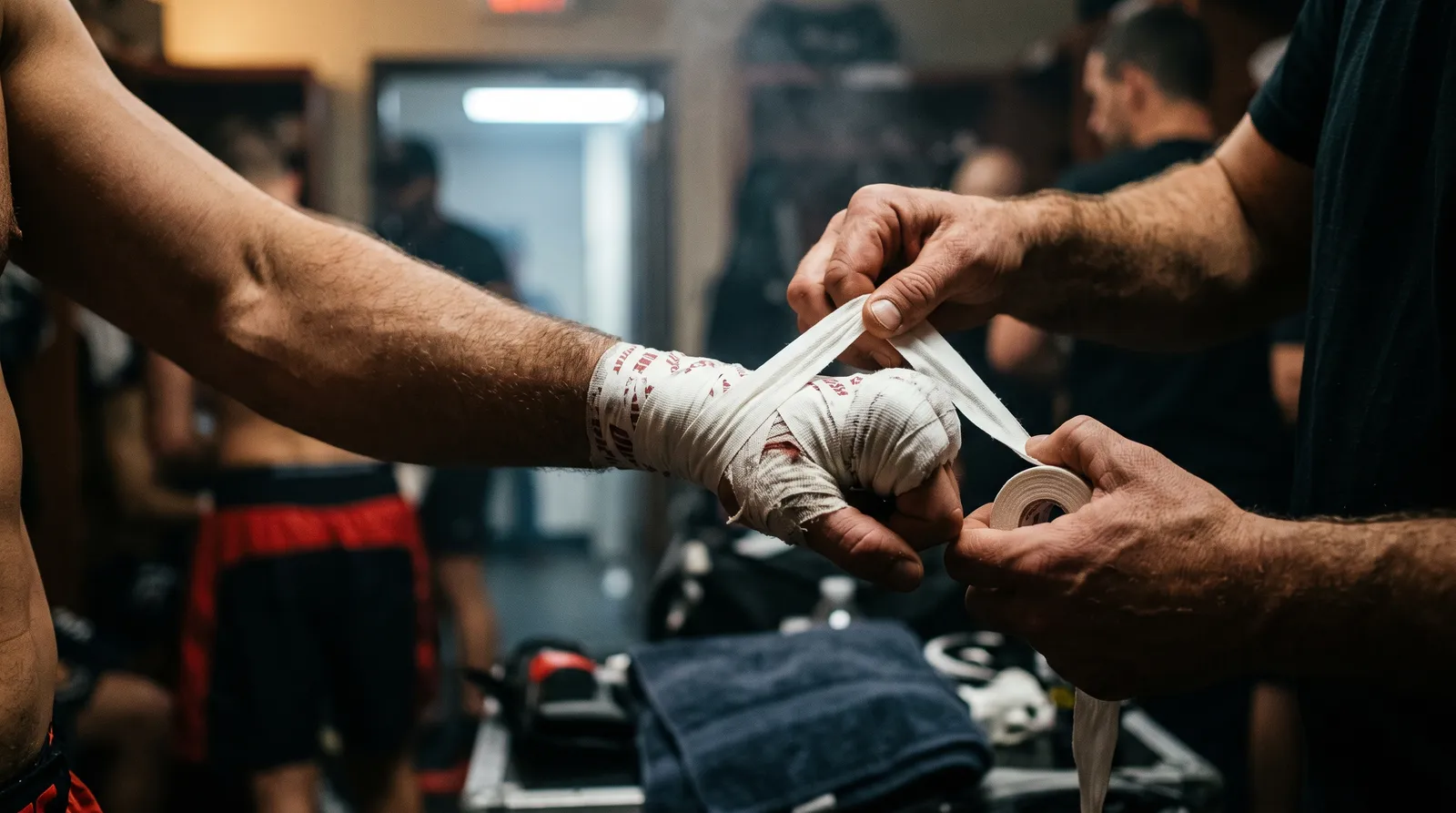 A cornerman wraps a fighter's hands in white tape in a dimly lit locker room