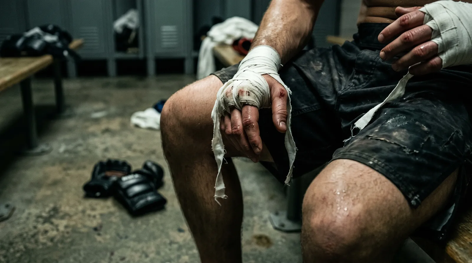 A fighter's taped hands resting on his knees in a dim locker room after a loss
