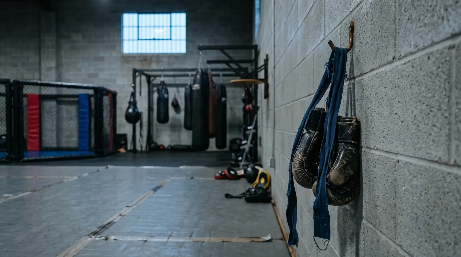 Worn training gloves hanging on a gym wall in early morning light
