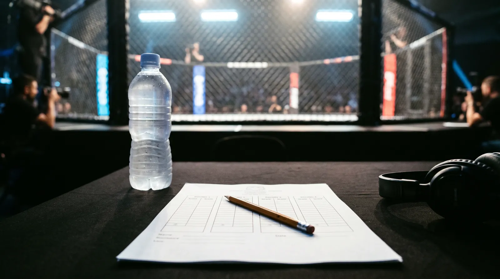 A blank judge's scorecard and pencil on a cageside table beside a blurred octagon fence
