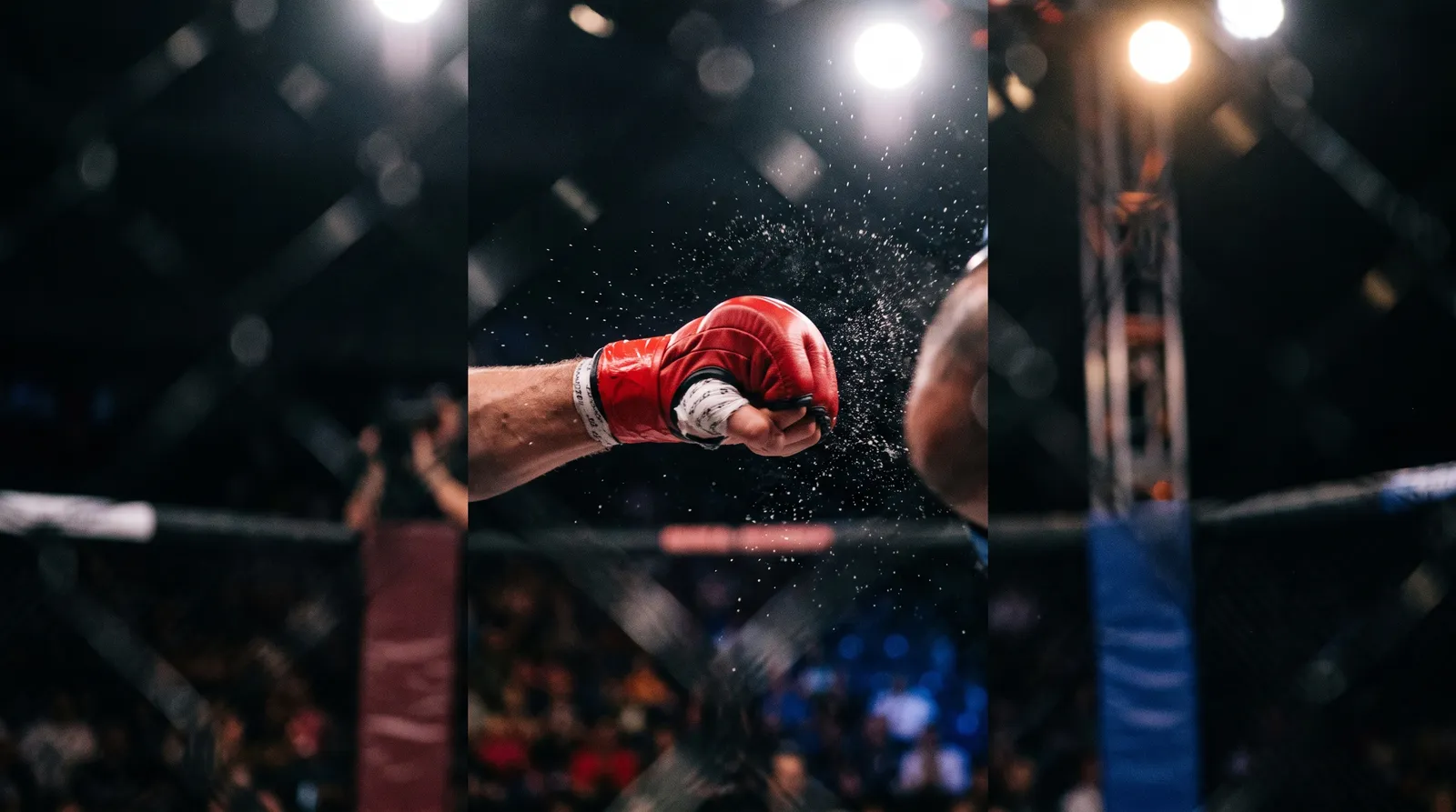Close-up of a fighter's glove throwing a punch with sweat flying under arena lights