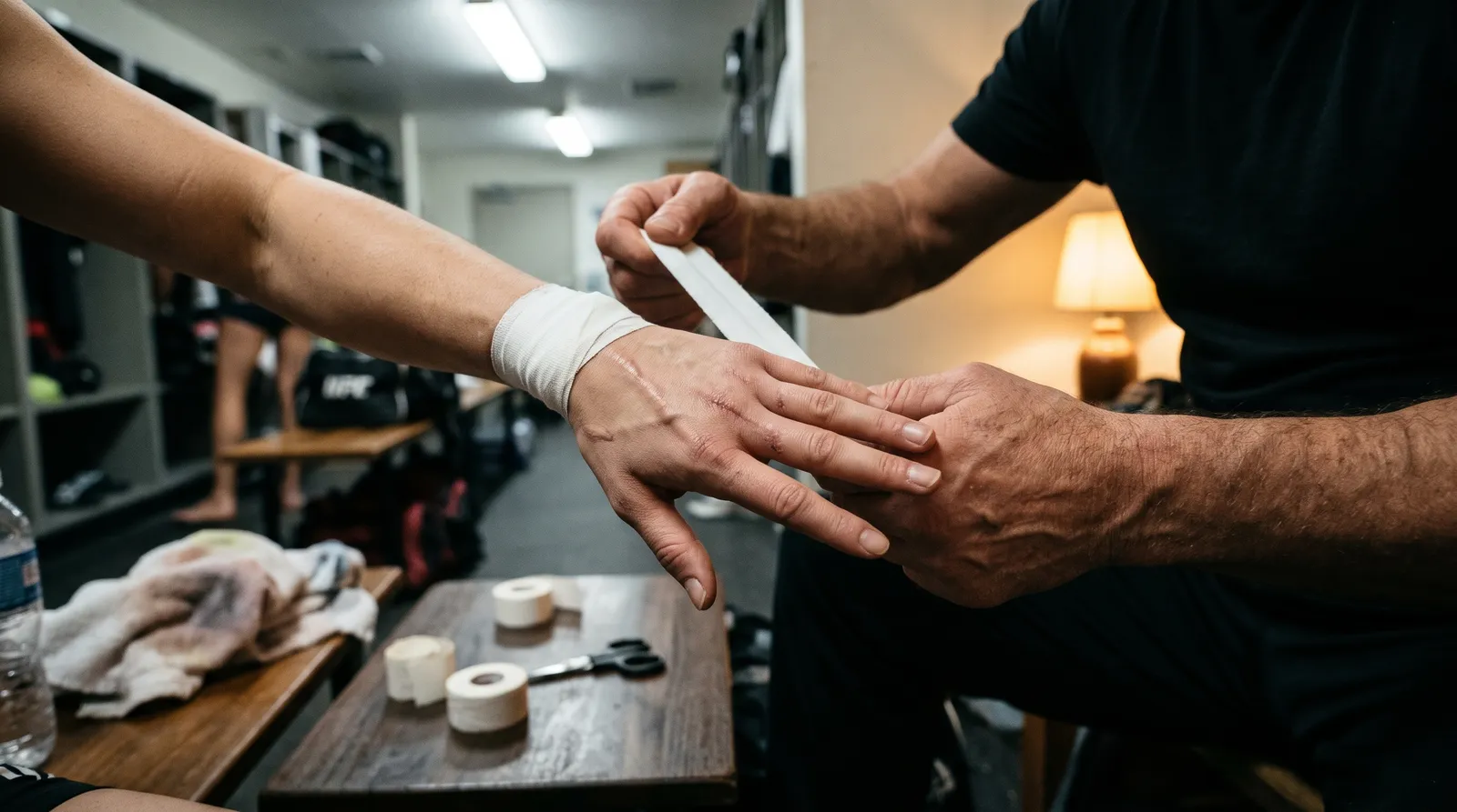 Scarred hands being taped by a coach in a locker room
