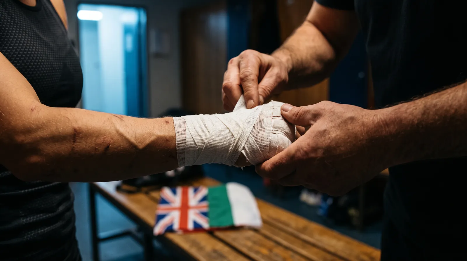 A fighter's left hand being wrapped with tape in a locker room beside a folded English and Bulgarian flag