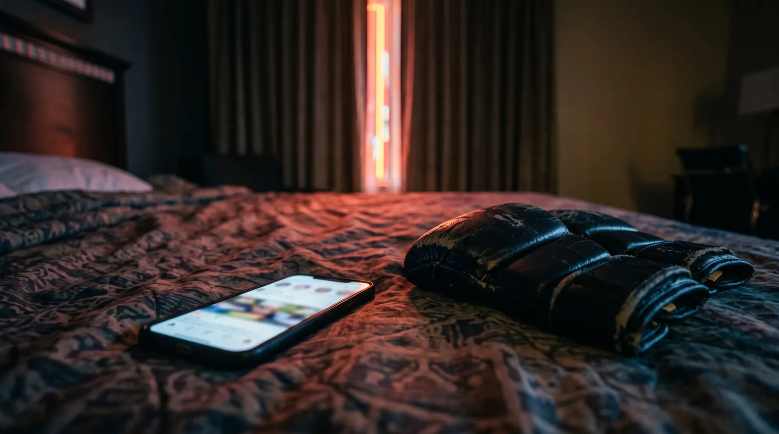 A phone glowing on a hotel bed next to MMA gloves under neon light from the Las Vegas Strip
