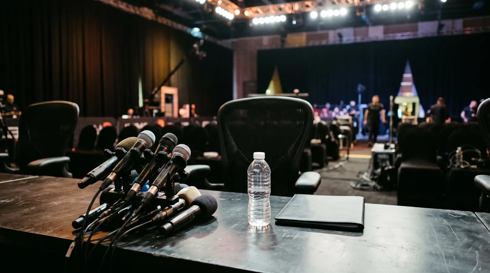 Microphones clustered on a press conference table under bright lights