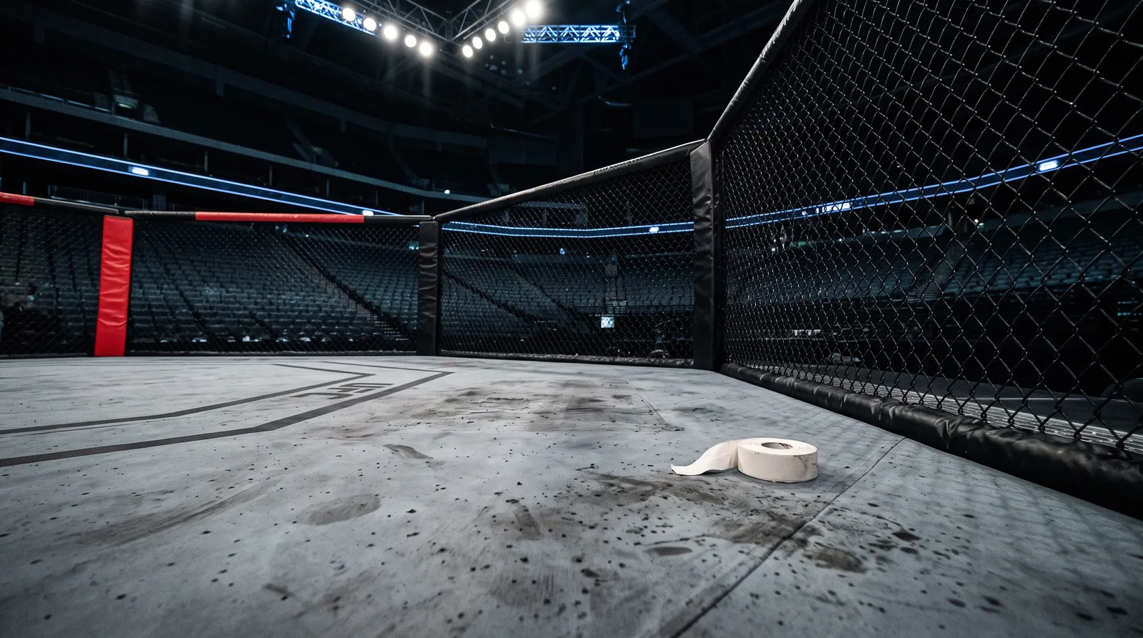 An empty octagon canvas under work lights after the crowd has left