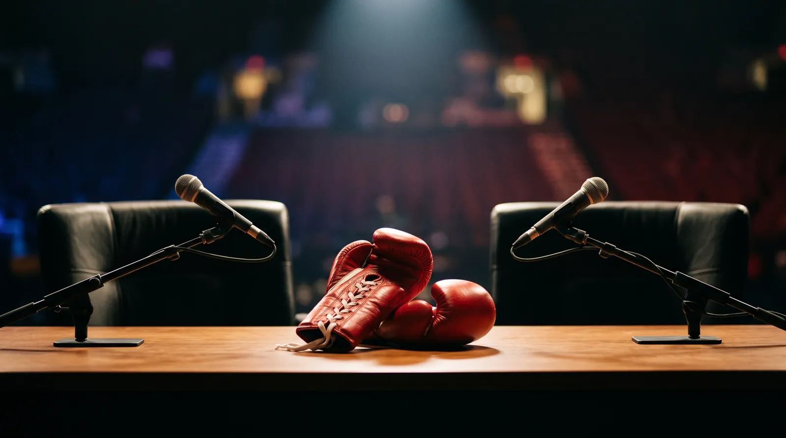 Empty press conference table with two microphones and boxing gloves under a spotlight