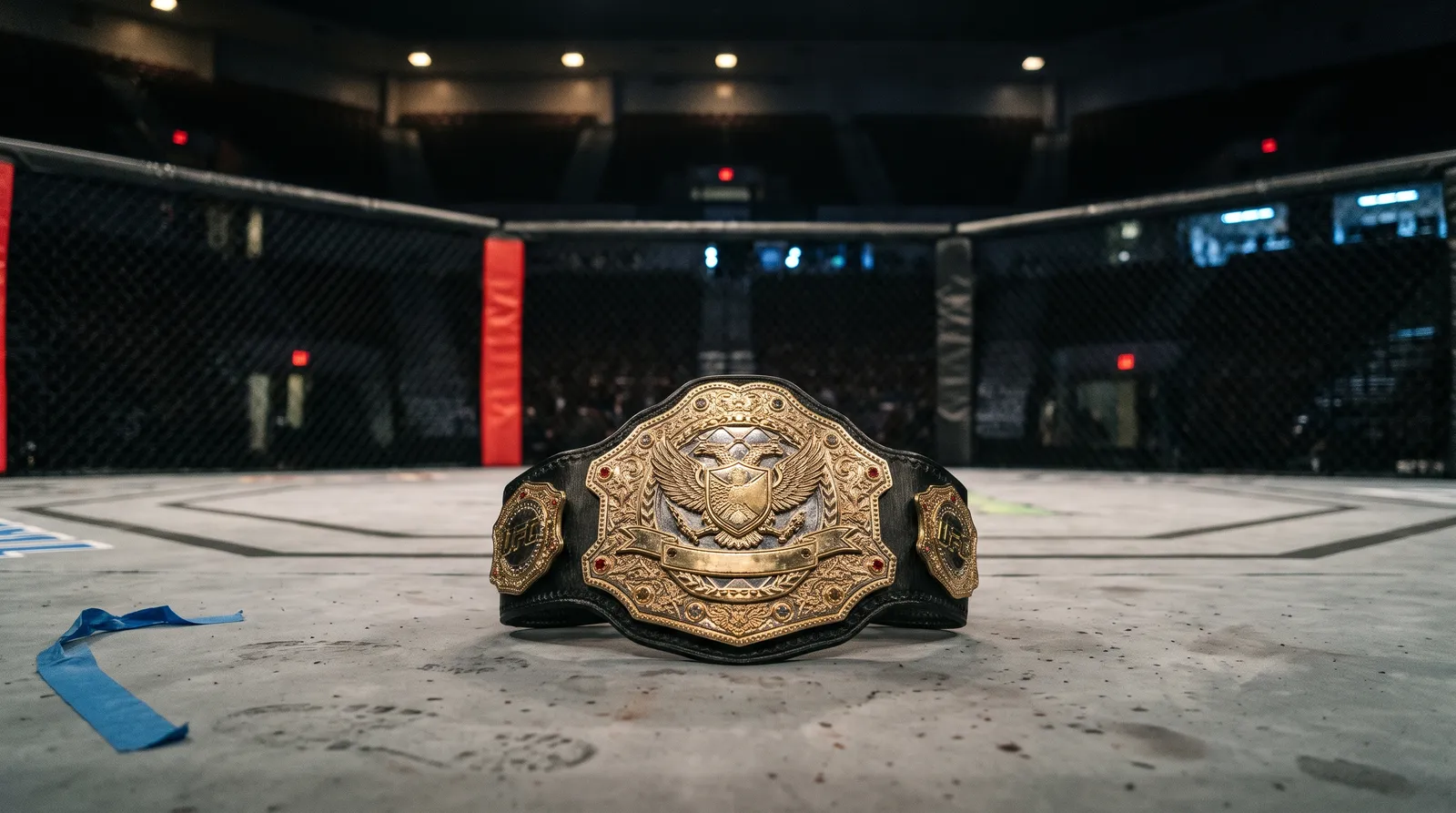 A championship belt lying on the canvas of an empty octagon under work lights