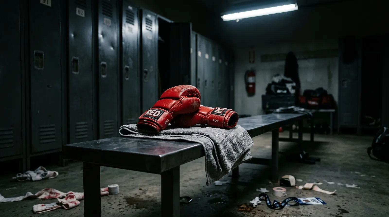 Red fight gloves left on a towel on an empty locker room bench
