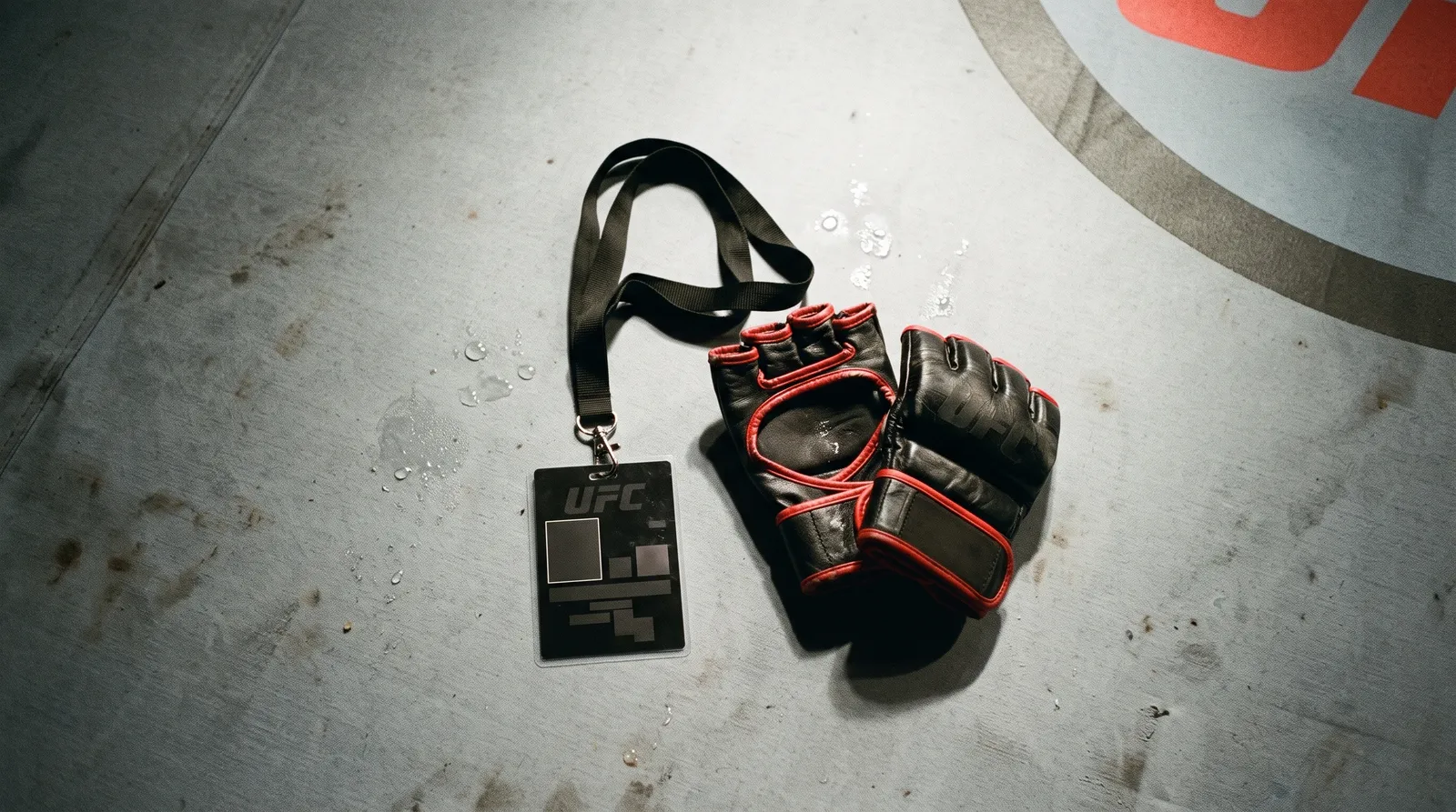 A staff credential and MMA gloves lying side by side on the octagon canvas